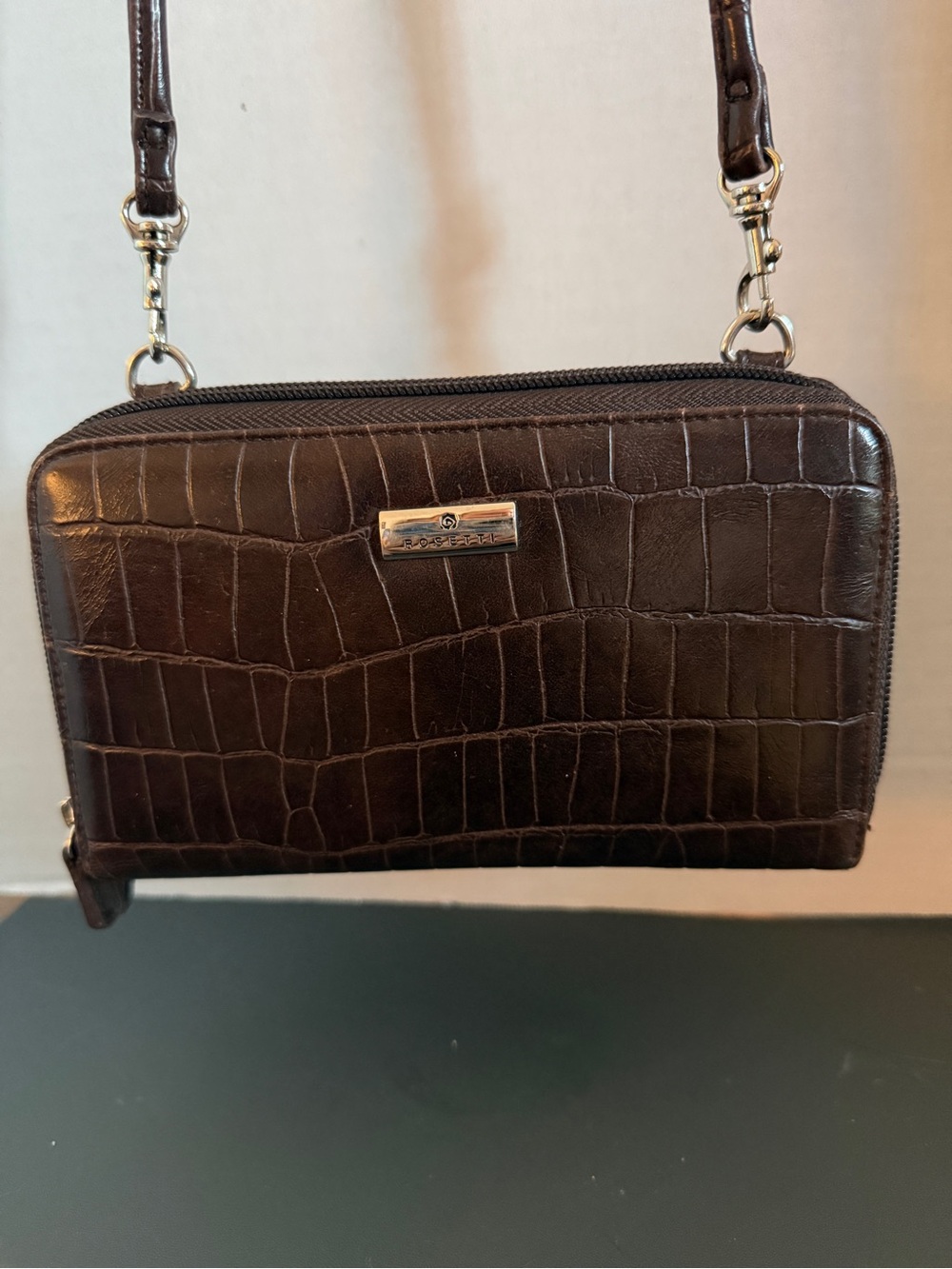 Rosetti Dark Brown Croc-Embossed Crossbody Wallet